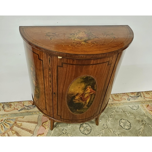 321 - Fine Quality 19thC Satinwood Cabinet, bow-front shaped, beautifully decorated with polychrome and ha... 