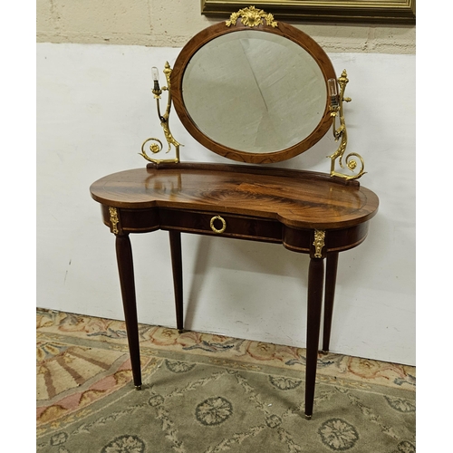 323 - French Dressing Table, nicely kidney-shaped with a swivel mirror above, two (electric) brass light f... 