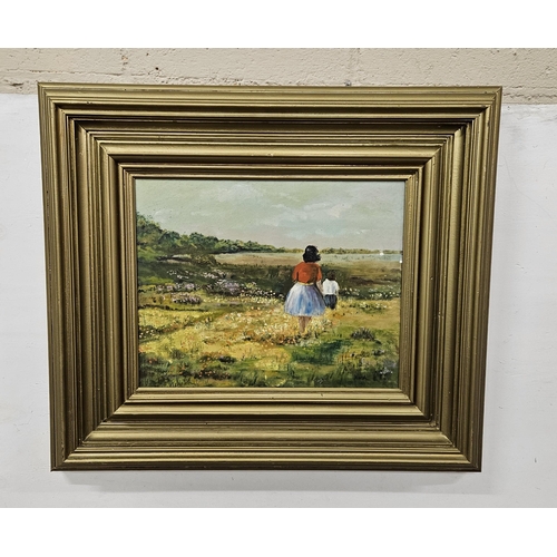 415 - NORAH, oil on canvas, Family in a Floral Meadow, in a wide gold frame, 73cm x 83cm (signed)