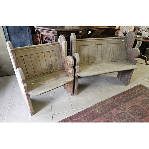 423 - Two Welsh Pitch Pine and Oak Church Pews with panelled backs and carved side arms, (1 x 1.13W & 1mH)... 