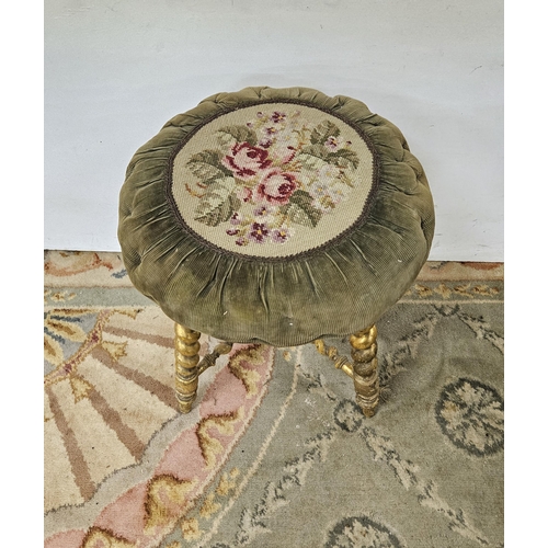 447 - 19thC Circular Dressing Stool, a round floral wool work top with green borders on 4 barley twist des... 