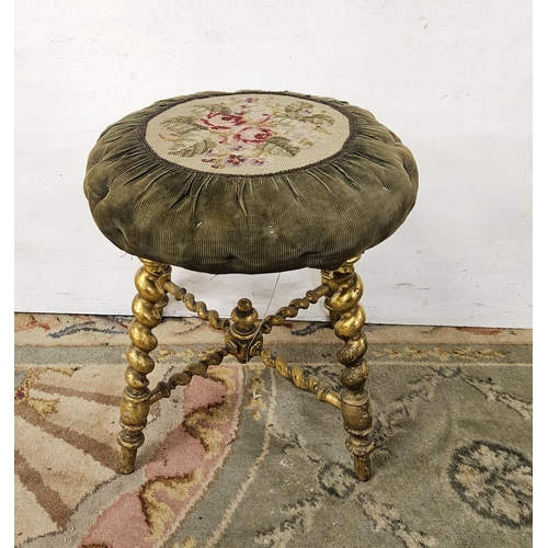 447 - 19thC Circular Dressing Stool, a round floral wool work top with green borders on 4 barley twist des... 