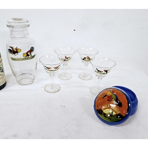 456 - Vintage Glass Decanter with a set of 4 matching liquor glasses, decorated with a 