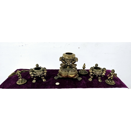 460 - 3 piece Continental Cast Brass Desk Set - including a pair of Inkwell stands with winged figures, pa... 