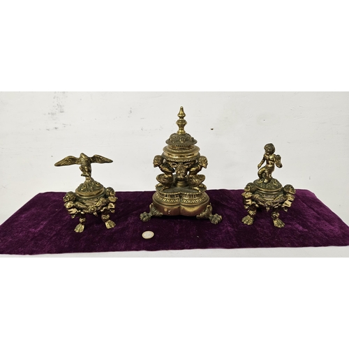 460 - 3 piece Continental Cast Brass Desk Set - including a pair of Inkwell stands with winged figures, pa... 