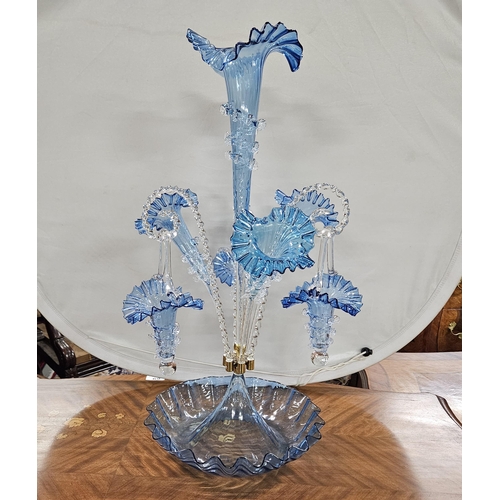 462 - Classic Victorian Style Blue Glass Epergne, with 3 hanging baskets, 64cmH