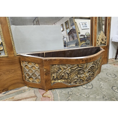 153 - Large Walnut Framed Continental Pier Mirror, golden grape design borders around 3 bevelled glass pan... 