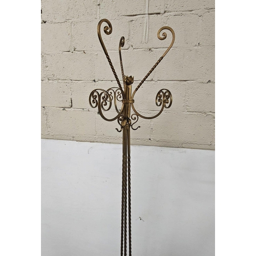 417 - Early 20thC wrought iron Coat and Hat Stand, on a barley twist support, 3 curved legs, 1.9mH