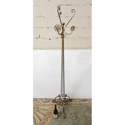 417 - Early 20thC wrought iron Coat and Hat Stand, on a barley twist support, 3 curved legs, 1.9mH