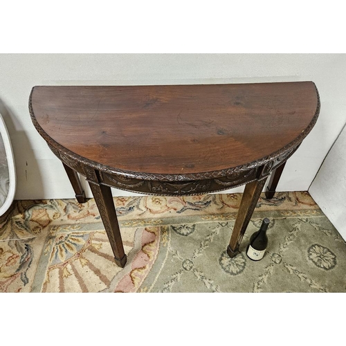 34 - Adams style demi-lune Tall Table, swag mouldings to the frieze, on decorated tapered legs, 1.2m W x ... 