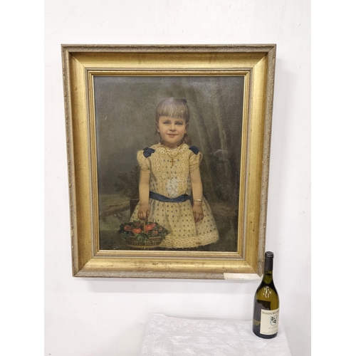 413 - 19thC Oil on Canvas, The Strawberry Basket - Portrait of a Girl in a white and blue dress, with bask... 