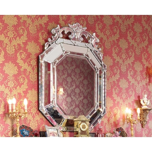 150 - Fine Venetian Overmantle / Pier Mirror, a decoratively scrolled pediment over an octagonal shaped bo... 