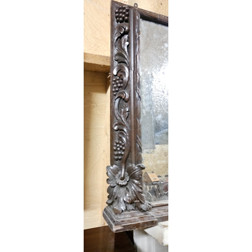 421 - Wide 19thC Wall Mirror, in a heavily carved dark oak frame, featuring grapes & vines (from an old Ba... 