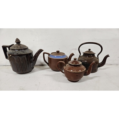 533 - 3 pottery farmhouse teapots & 1 tin kettle (painted) (4)