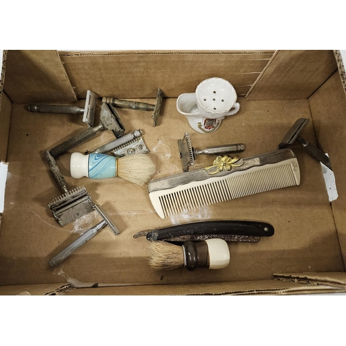 542 - Group of old razers, shaving brushes & a comb