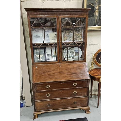 276 - Early 20thC Slope-fronted Mahogany Bureau Bookcase, with 2 glazed doors, the based having a bureau d... 