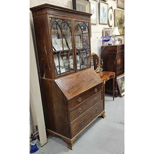 276 - Early 20thC Slope-fronted Mahogany Bureau Bookcase, with 2 glazed doors, the based having a bureau d... 