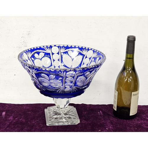 459 - Bohemian Crystal Presentation Bowl, blue overlay, on a footed base (base chipped in one corner), 30c... 