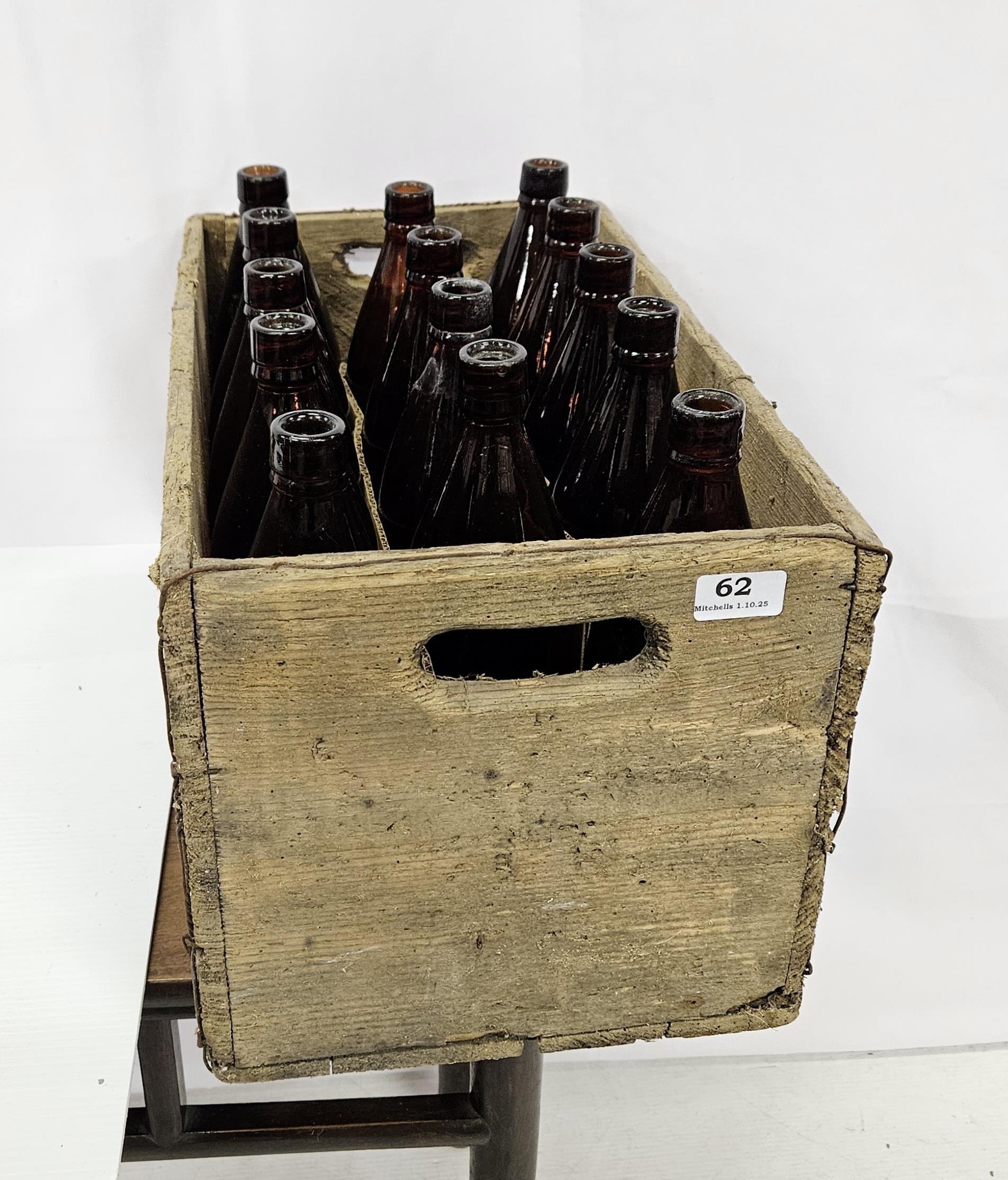 14 brown cider bottles (each 30cmH), in an old wooden pine crate (15)