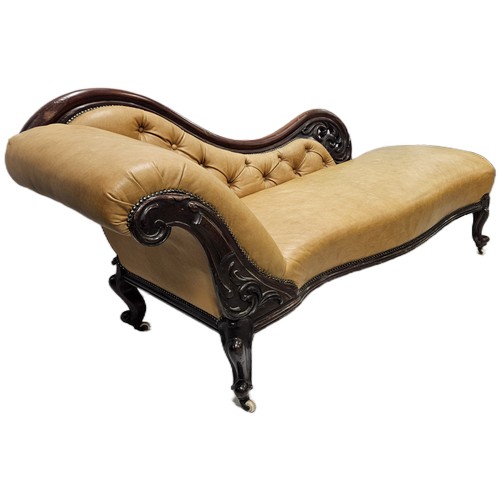 2 - Victorian Mahogany Framed Chaise Longe, serpentine front, cabriole legs, on castors, covered with be... 