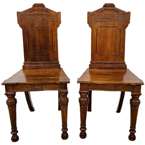 4 - Matching Pair Arts and Crafts Oak Hall Chairs, on turned front legs, splayed back legs, Greek Key de... 
