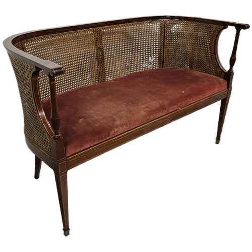 30 - 2-Seater Bergere Back Inl Mahogany Settee (red velvet seat) 122cmW x 75cmH & an Edw. Inlaid Window S... 