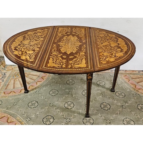 53 - Lovely large Dutch Marquetry Design Drop Leaf Table with oval ends, intricate floral and bird design... 