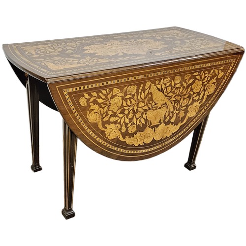 53 - Lovely large Dutch Marquetry Design Drop Leaf Table with oval ends, intricate floral and bird design... 