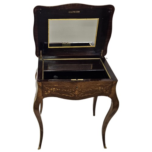 54 - 19thC French Kingwood Table Vanity Table, a nicely marquetry inlaid hinged lid and side panels, with... 