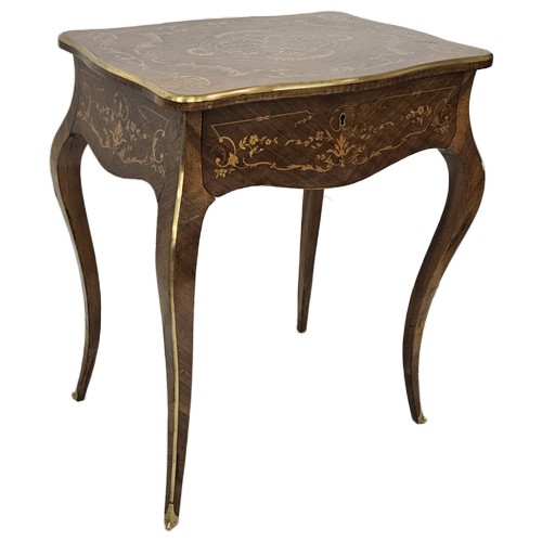 54 - 19thC French Kingwood Table Vanity Table, a nicely marquetry inlaid hinged lid and side panels, with... 
