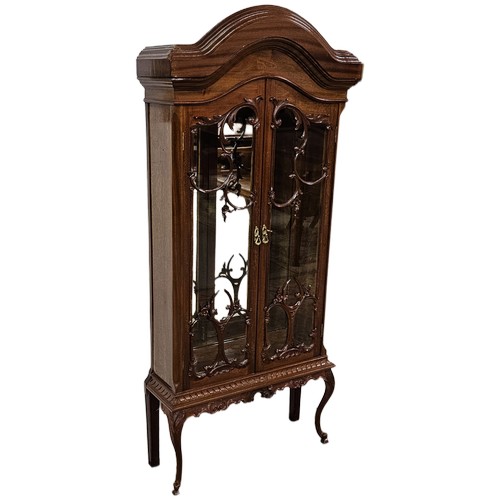 57 - Ornately decorated Mahogany 2-Door Display Cabinet, of small proportions, with a mirrored back, on 4... 