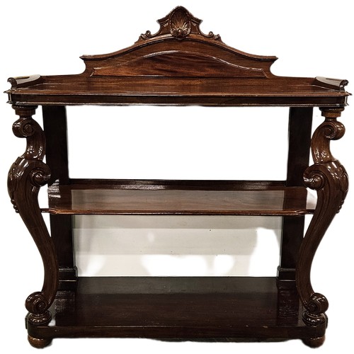 58 - 19thC 3-Tier Mahogany Dumbwaiter, a shaped gallery over the top shelf  with curved rim, fine scrolle... 