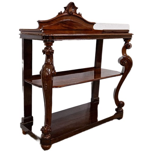 58 - 19thC 3-Tier Mahogany Dumbwaiter, a shaped gallery over the top shelf  with curved rim, fine scrolle... 