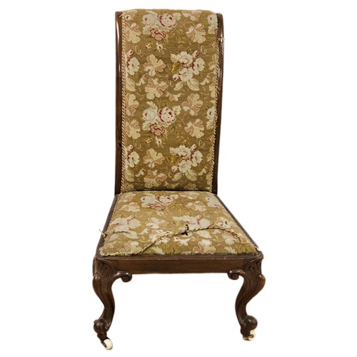 15 - Victorian Mahogany Nursing Chair, worn needlework tall back and seat, porcelain castors, 91cmH