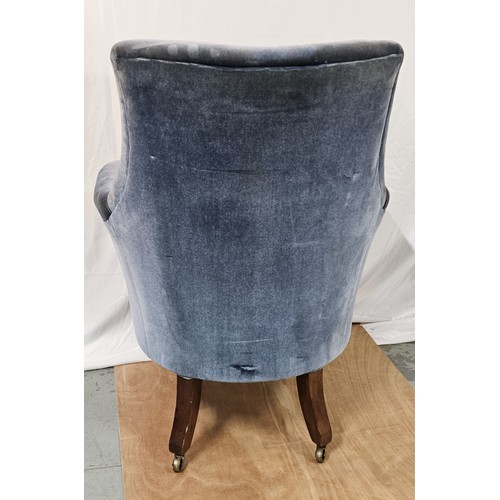 19 - Regency Rosewood framed Library Armchair, with curved arms, reeded legs on brass cup castors - blue ... 