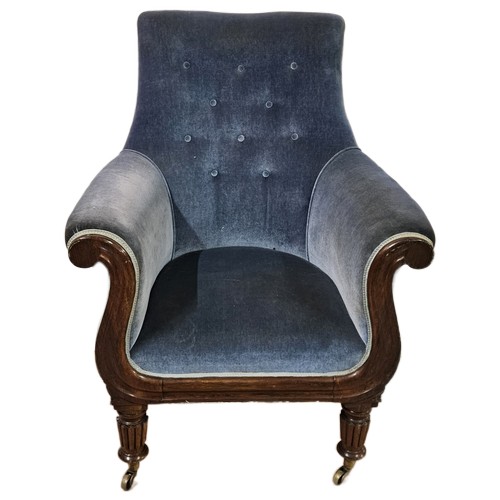 19 - Regency Rosewood framed Library Armchair, with curved arms, reeded legs on brass cup castors - blue ... 