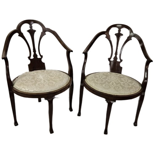 9 - Matching Pair of bow-back Mahogany Sitting Room Chairs, with oval padded seats (cream fabric), each ... 