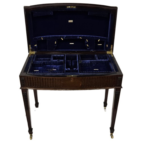 45 - Early 20thc Mahogany Cutlery Table, bow-front shaped with a hinged lid, Adams style motifs, on nice ... 