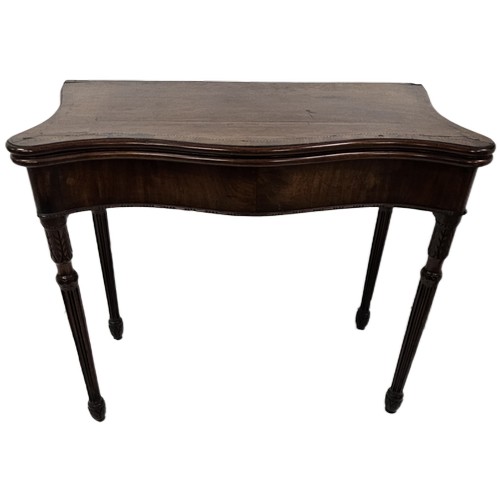 50 - 19thC Mahogany Card Table, the serpentine shaped and inlaid top opening to a green baize interior, o... 