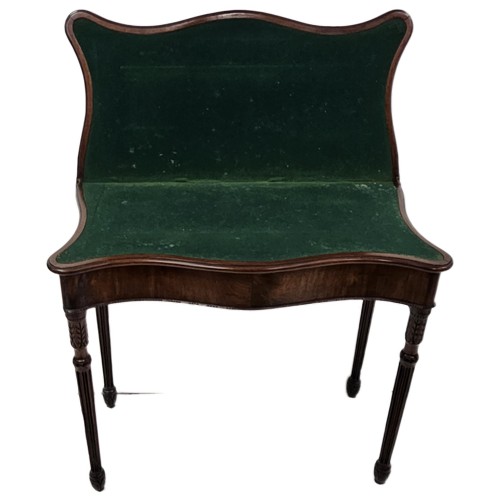 50 - 19thC Mahogany Card Table, the serpentine shaped and inlaid top opening to a green baize interior, o... 
