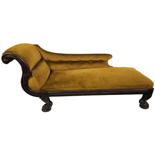 21 - Regency mahogany Chaise Longue, in the classical taste with a scrolled headrest, raised on carved pa... 