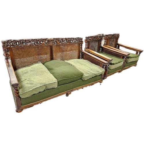 22 - 19thC French 3-Piece Walnut Bergere Suite, with cane work seat backs and sides, deep seats and back ... 