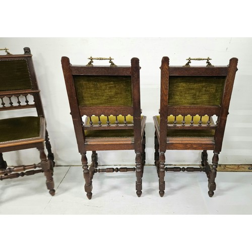 31 - Set of 4 Victorian Oak Dining Chairs, with plush green velvet upholstered seats and backs, brass car... 