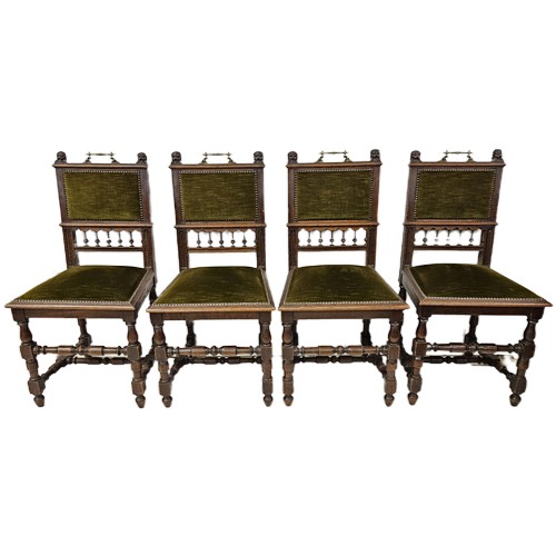 31 - Set of 4 Victorian Oak Dining Chairs, with plush green velvet upholstered seats and backs, brass car... 