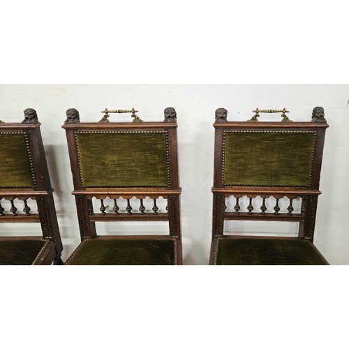 31 - Set of 4 Victorian Oak Dining Chairs, with plush green velvet upholstered seats and backs, brass car... 