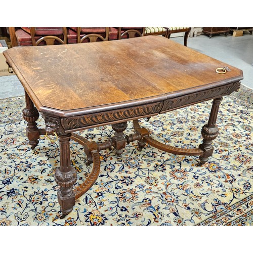 32 - Gothic Style Oak Dining Table, featuring guilloche designs, lion and ring mask corners, on baluster ... 
