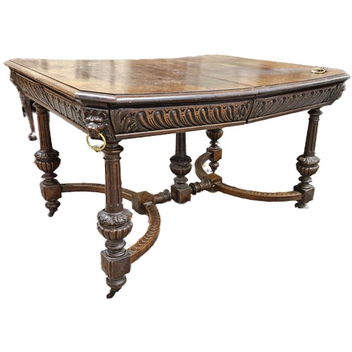 32 - Gothic Style Oak Dining Table, featuring guilloche designs, lion and ring mask corners, on baluster ... 