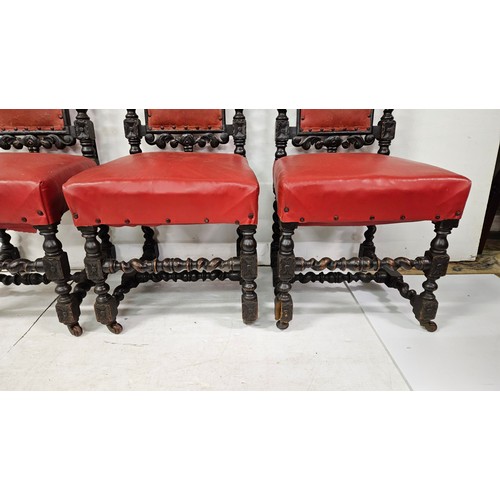 33 - Set of 6 x 19thC Jacobean black oak high back Dining Chairs, with ornately carved crests featuring b... 