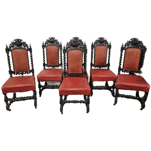 33 - Set of 6 x 19thC Jacobean black oak high back Dining Chairs, with ornately carved crests featuring b... 