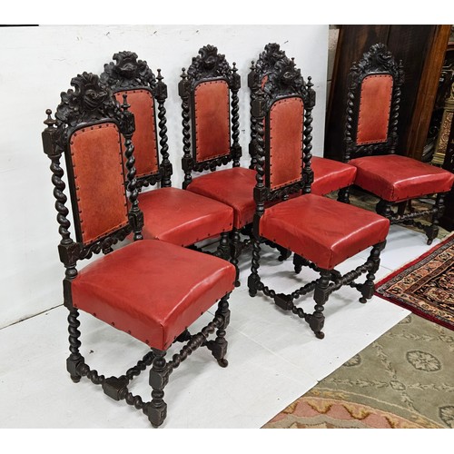 33 - Set of 6 x 19thC Jacobean black oak high back Dining Chairs, with ornately carved crests featuring b... 